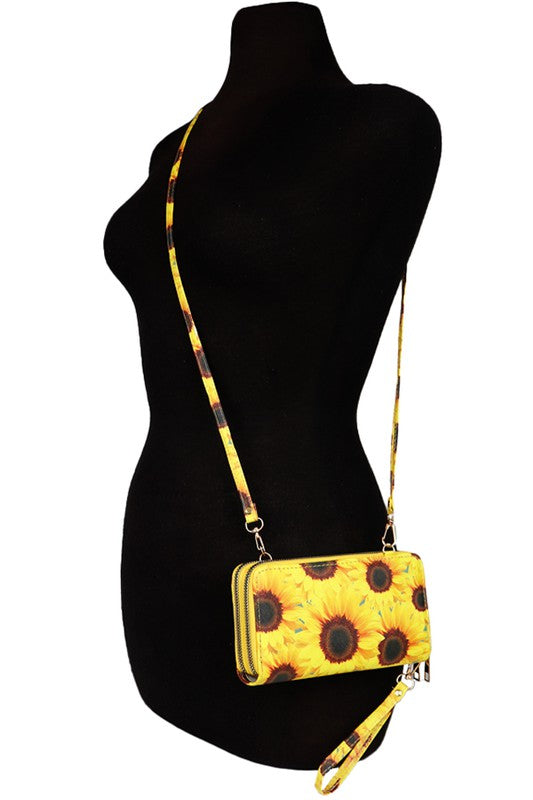 Yellow Sunflower Wallet w Crossbody Shoulder Strap