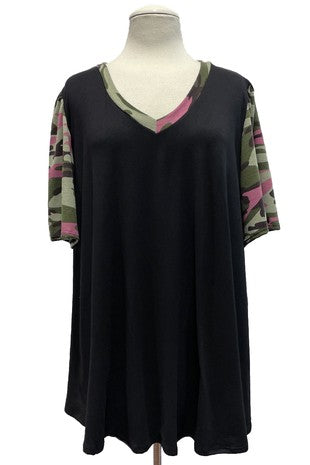V Neck Black Top w Pink & Green Camo Wide Sleeves