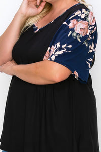 Black V Neck Top w Beautiful Navy Floral Arms & Trim