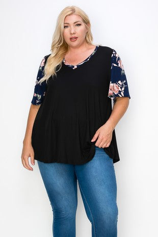 Black V Neck Top w Beautiful Navy Floral Arms & Trim
