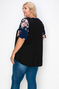 Black V Neck Top w Beautiful Navy Floral Arms & Trim