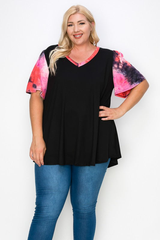 V Neck Black Top w Pink Tie Dye Wide Sleeves