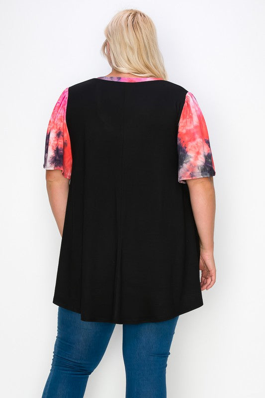 V Neck Black Top w Pink Tie Dye Wide Sleeves