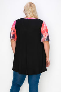 V Neck Black Top w Pink Tie Dye Wide Sleeves