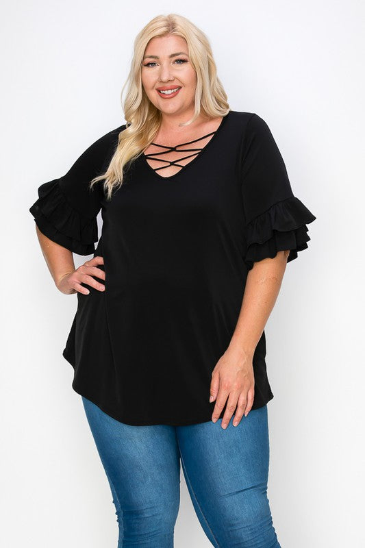 PSFU Black Caged X Neck Top