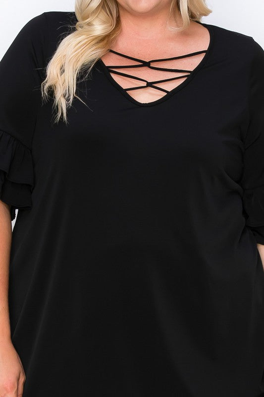 PSFU Black Caged X Neck Top