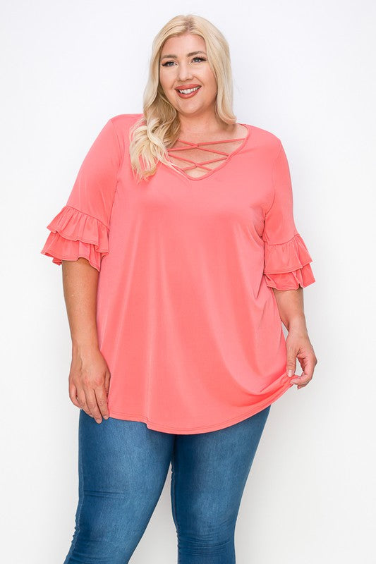 PSFU Coral Criss Cross Cage Neckline Shirt Top