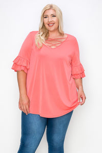 PSFU Coral Criss Cross Cage Neckline Shirt Top