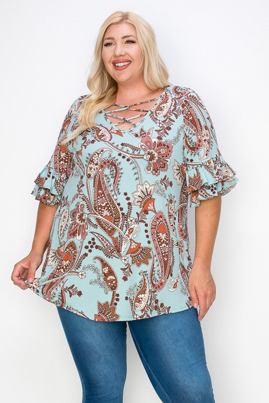 PSFU Blue Paisley Caged Neck Top