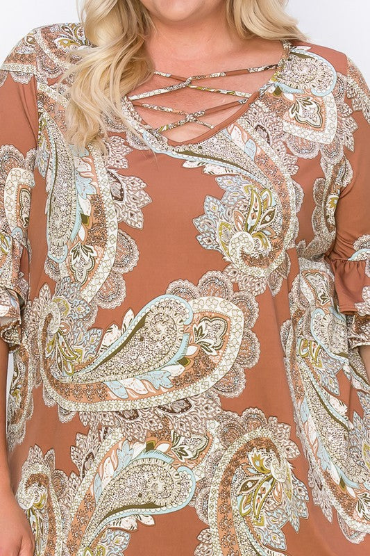 PSFU Brown Paisley Cage Neck Top