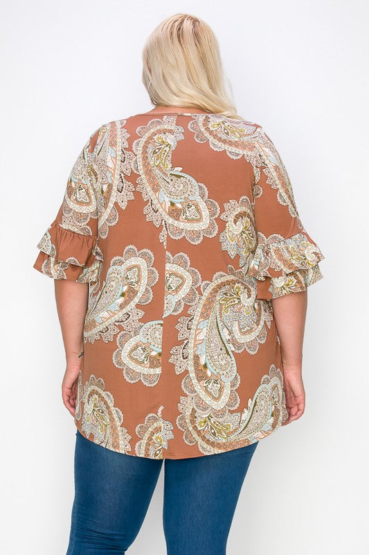 PSFU Brown Paisley Cage Neck Top