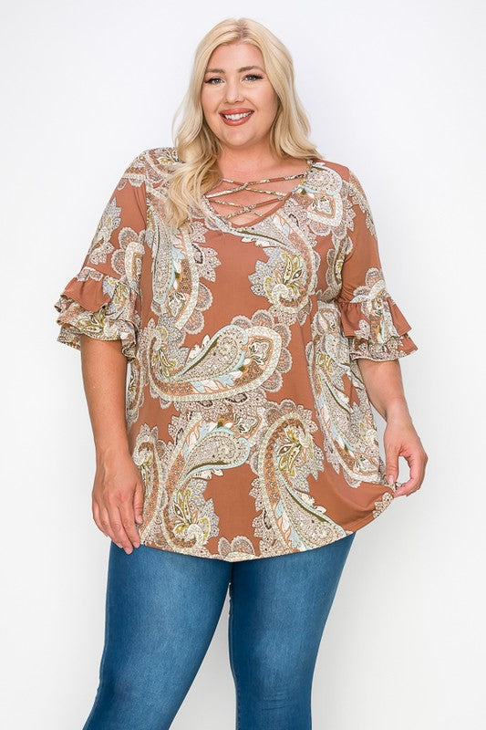 PSFU Brown Paisley Cage Neck Top