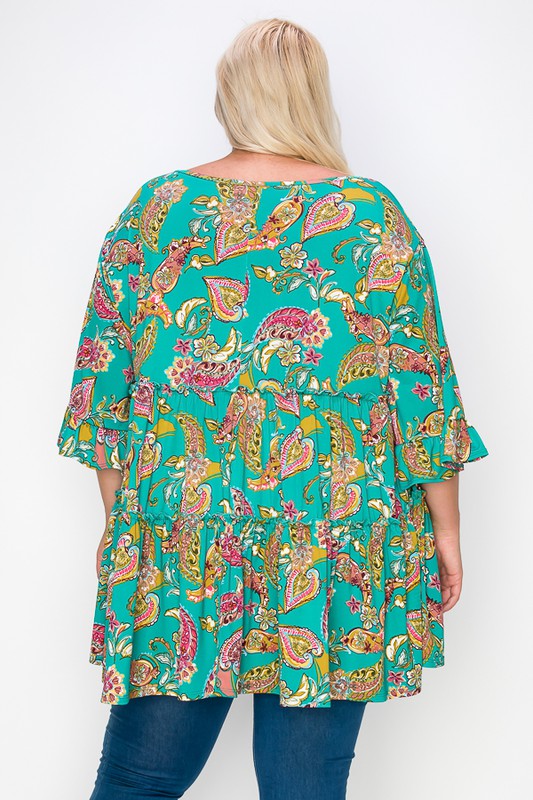 PSFU Tiered Green Paisley Top