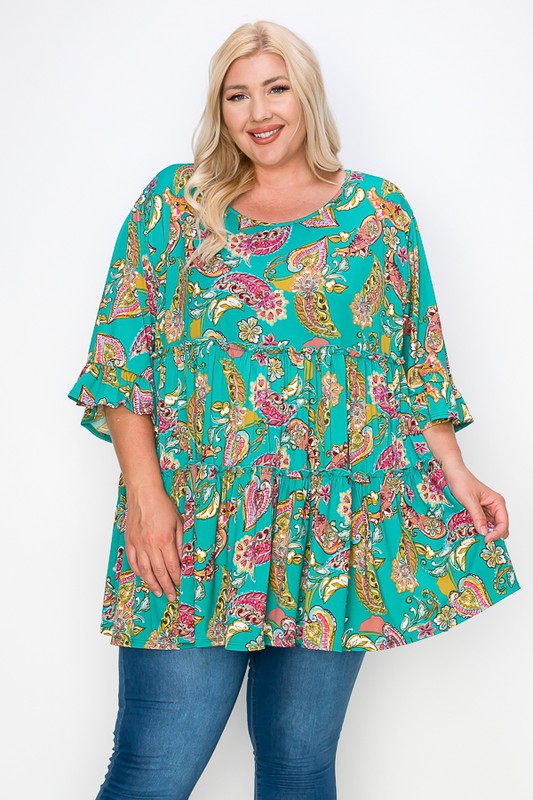 PSFU Tiered Green Paisley Top