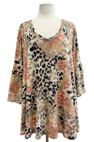 Orange Brown Green Leopard Top w Ruffle Sleeve