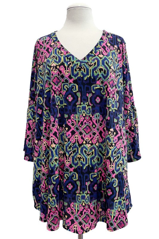 Blue & Pink V-neck multi print top with ruffle sleeves