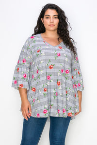 Checkered Floral Print Top w V Neck and Ruffle Sleeves