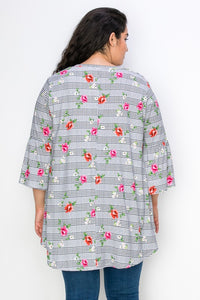 Checkered Floral Print Top w V Neck and Ruffle Sleeves