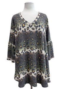 Olive w Yellow Leopard V Neck Top