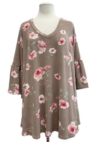 Brown w Pink Floral Print Top Ruffled Sleeve