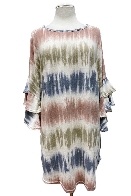 Tie Dye Print w Double Ruffle Sleeves