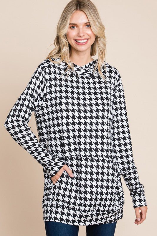 Black & White Houndstooth Hoodie Hooded Shirt Top
