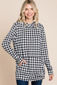 Black & White Houndstooth Hoodie Hooded Shirt Top