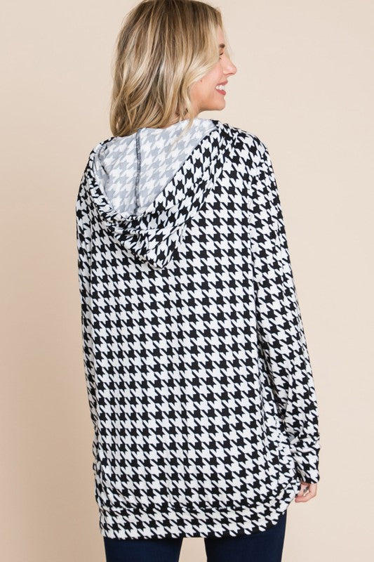 Black & White Houndstooth Hoodie Hooded Shirt Top