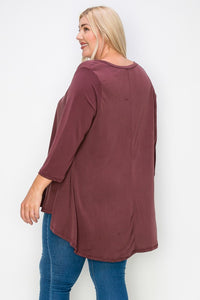 Solid Dark Berry 3Qtr Sleeve V Neck Top