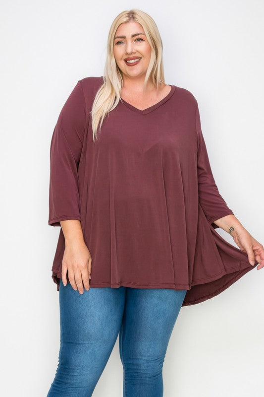 Solid Dark Berry 3Qtr Sleeve V Neck Top
