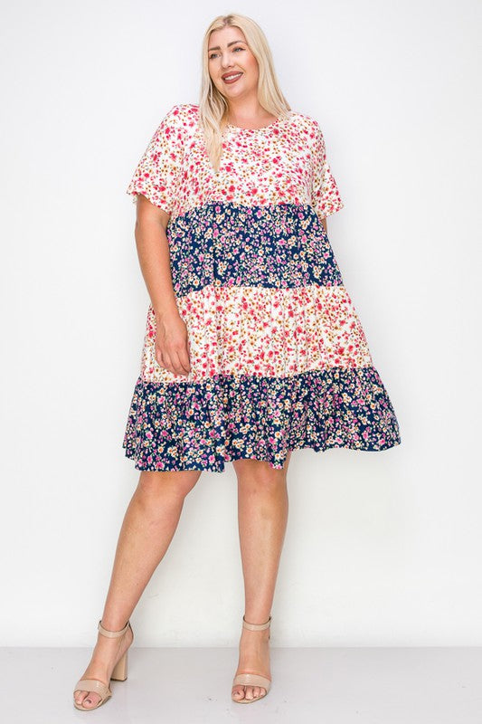 PSFU Floral Print 4 Tiered Colorblock Dress