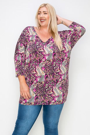 Magenta 3Qtr Sleeve V Neck Dolman Sleeve Top