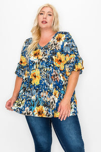 Abstract  V Neck Blue Floral Top w Ruffle Sleeve