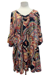 Black Paisley Babydoll Tunic Top Ruffle Sleeves