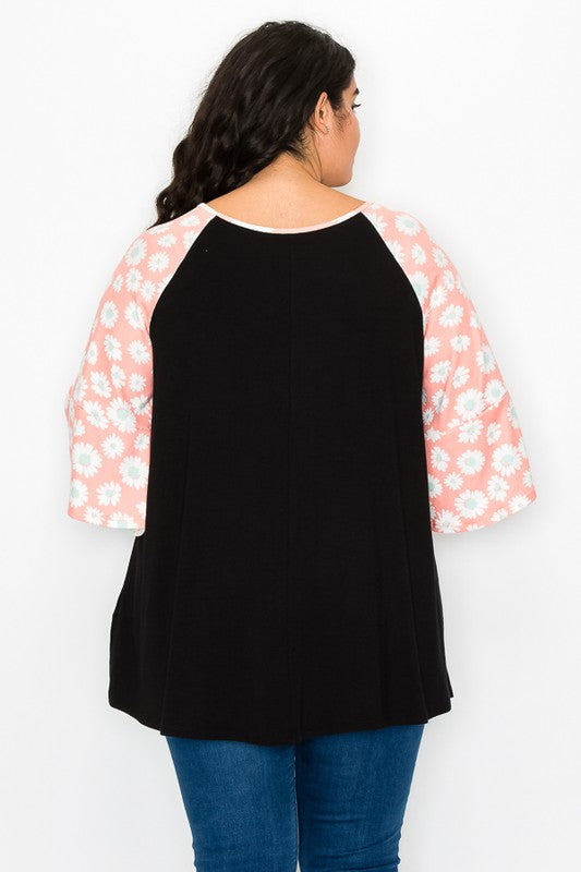 PSFU Black Top w Orange Floral Sleeves