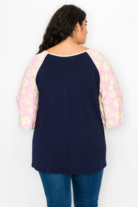Navy Top w Pink Yellow Floral Sleeve Top