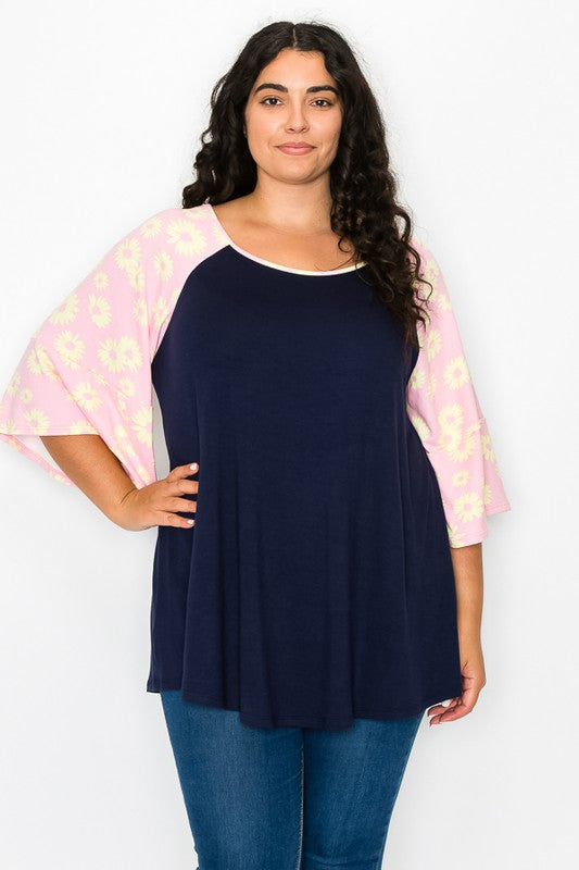 Navy Top w Pink Yellow Floral Sleeve Top