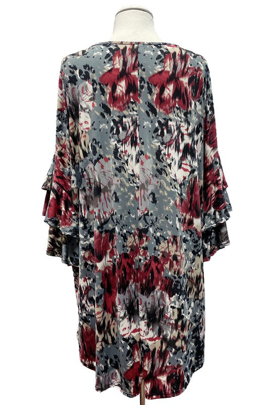 Gray Red Floral Abstract Top