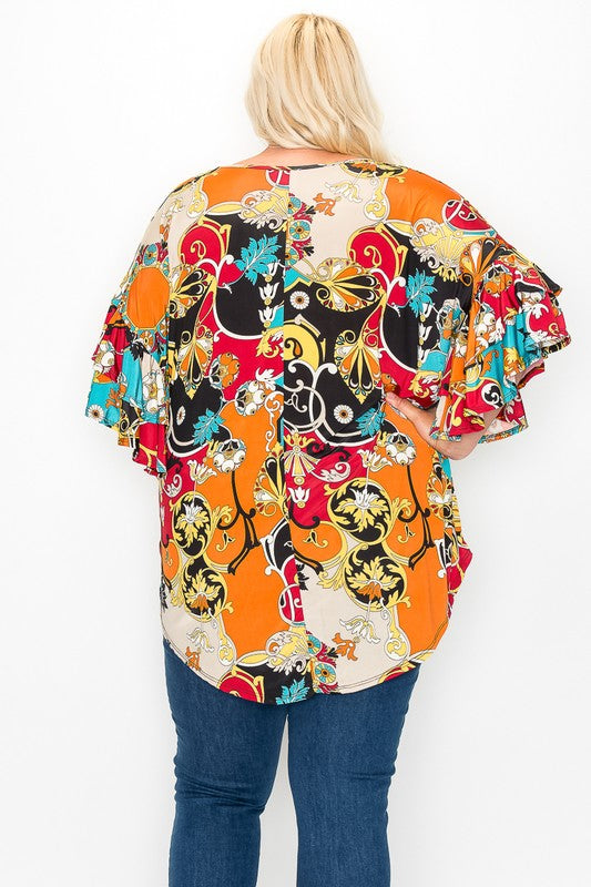 Orange Burgundy Pattern Top Double Ruffle Sleeves – Plus Size For Us