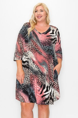 Pink Leopard Dress w Pockets 3Qtr Sleeves