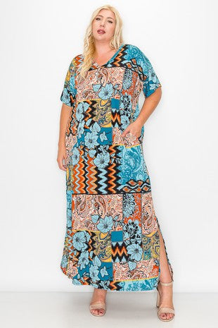 Multi Print Maxi Dress w Side Pockets
