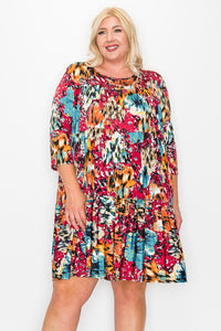 Red Abstract Floral Tiered Dress