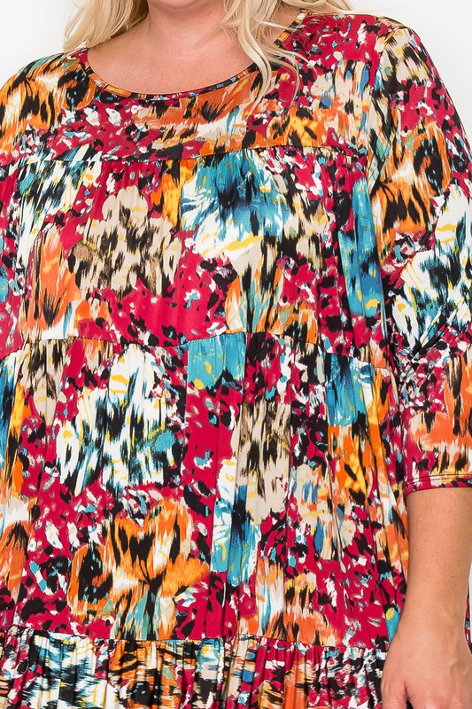 Red Abstract Floral Tiered Dress