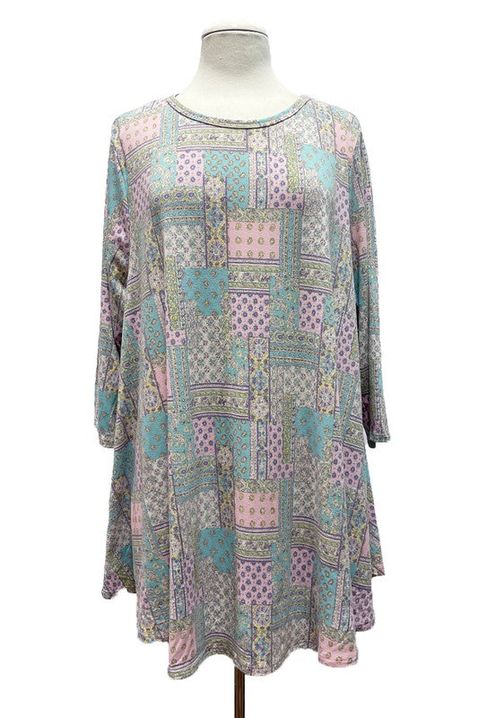 Pink Mint Medallion Top w 3Qtr Sleeves
