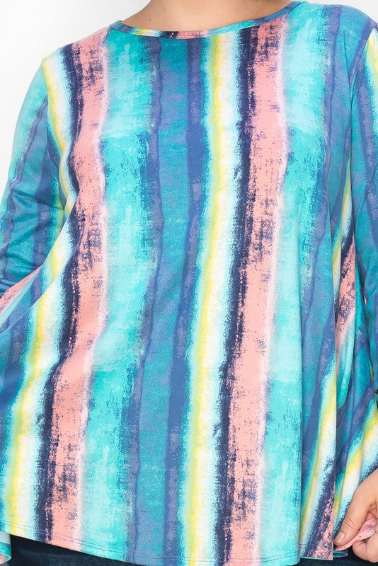 Pink Blue Green Stripe Tie Dye-y Top