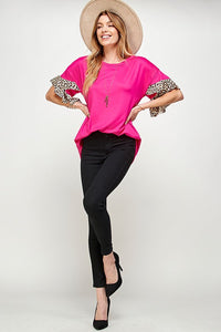 Fuschia Pink Top Shirt with Leopard Layered Ruffle Bell Sleeves