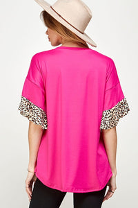 Fuschia Pink Top Shirt with Leopard Layered Ruffle Bell Sleeves
