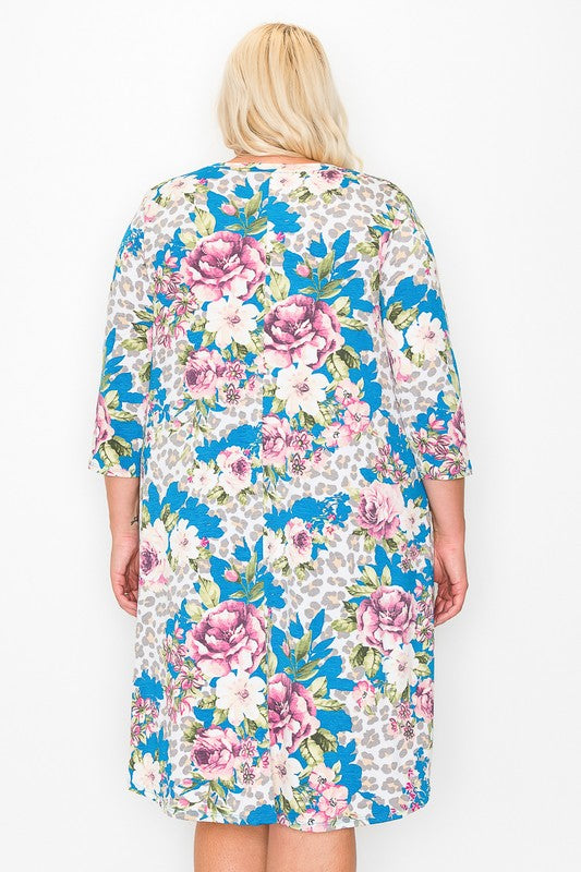 Blue Animal Print V Neck Dress w Pockets 3Qtr Sleeves