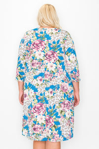 Blue Animal Print V Neck Dress w Pockets 3Qtr Sleeves