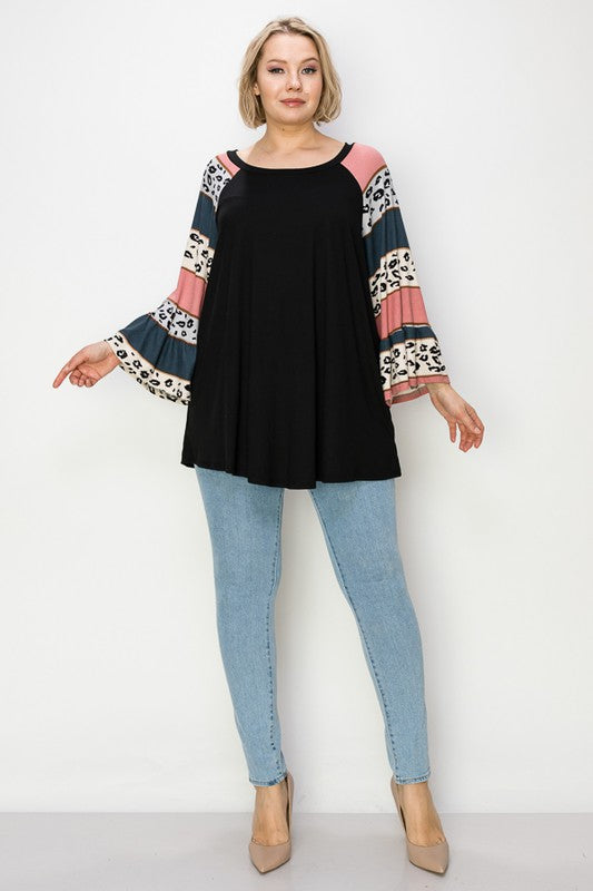PSFU Black Animal  Leopard Stripe Sleeve Top